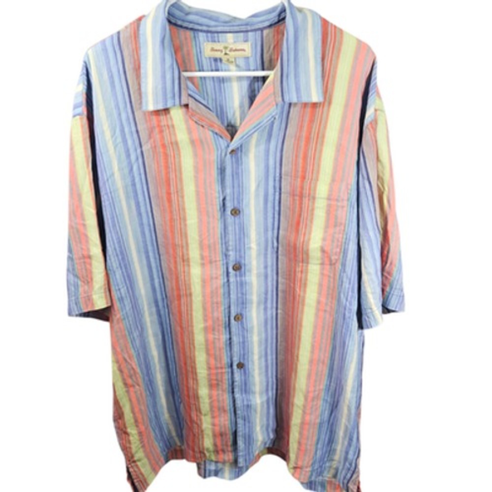 Tommy Bahama Shirt Mens XL Multicolor Striped Linen Silk Embroidered Hawaiian